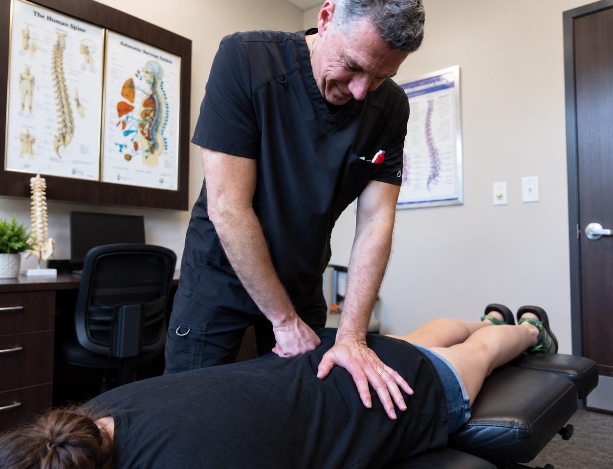 Advanced Health Solutions: chiropractor adjusting a patient's lower back on a treatment table