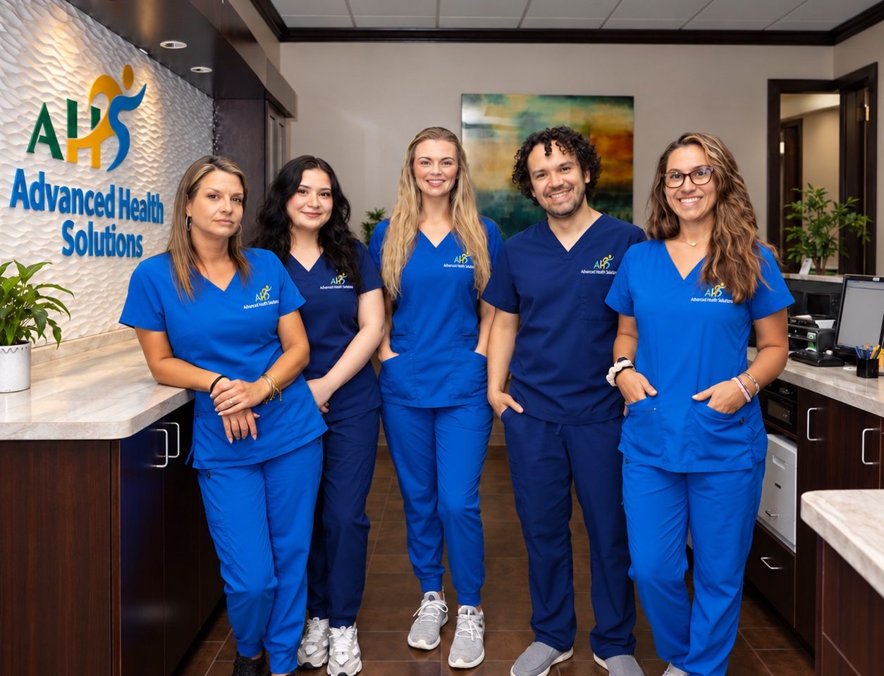 Advanced Health Solutions: care team in blue scrubs at the front of the clinic